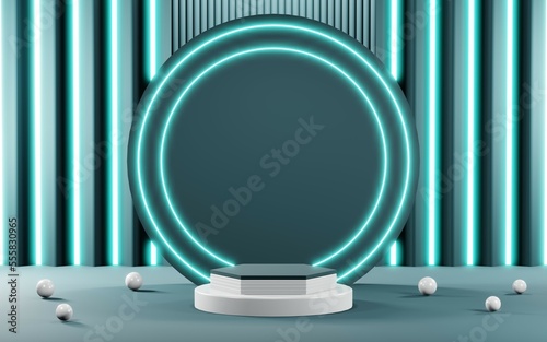 3D render of Podium background in blue tones for displaying cream products. cosmetics