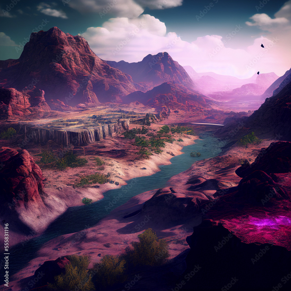 A portrait of colorful rivers and mountains on the Verdant horizon created with generative AI technology.