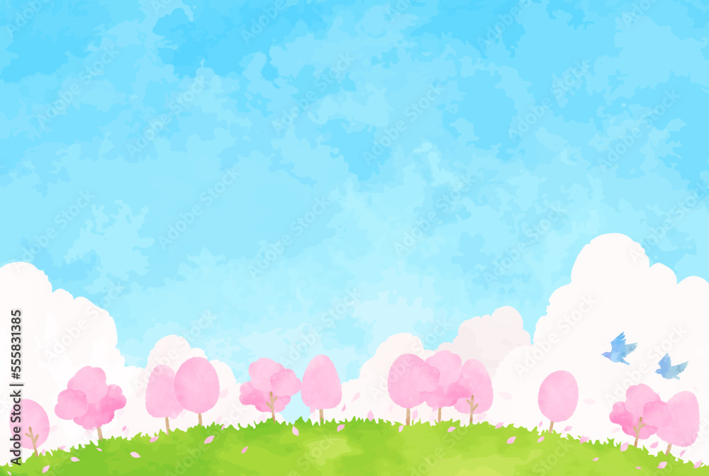 シンプルな桜並木と青空の風景イラスト