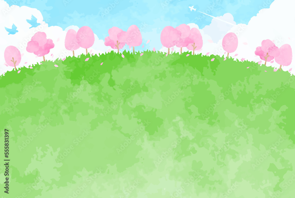 ほんわか綺麗な桜と青空の風景イラスト