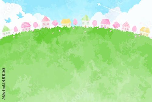明るい春の町並みの風景イラスト