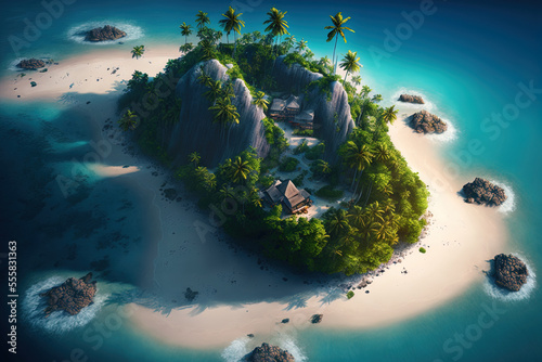 lovely island paradise with a beach and a sea. Generative AI © 2rogan