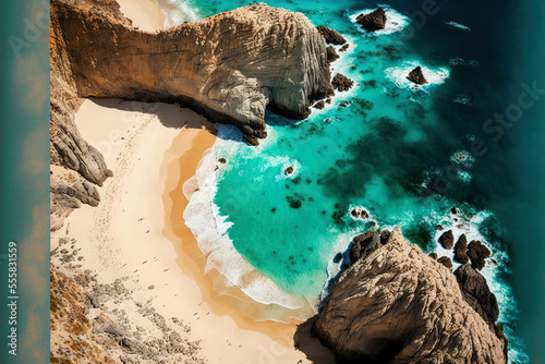 Lovers Beach in Lands End, Cabo San Lucas, Mexico, as seen from above. Lovers Beach is the name of the side that faces the Sea of Cortez, whereas Divorce Beach is the name of the side that faces the P photo