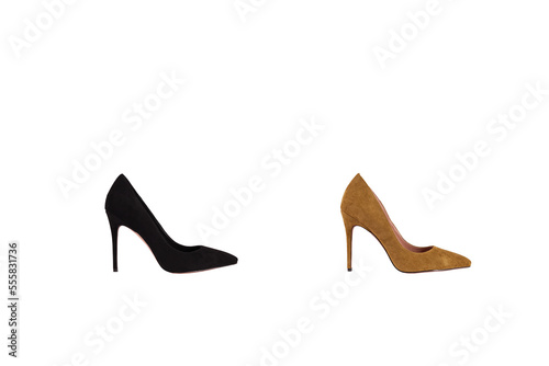 Beautiful black, sage velvet female fashion high heel shoes with transparent background
