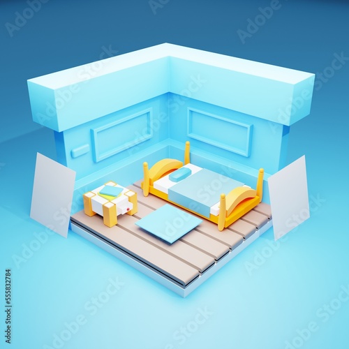 3d illustration Isometric view bed room muji style open inside interior architecture, 3d rendering digital art.