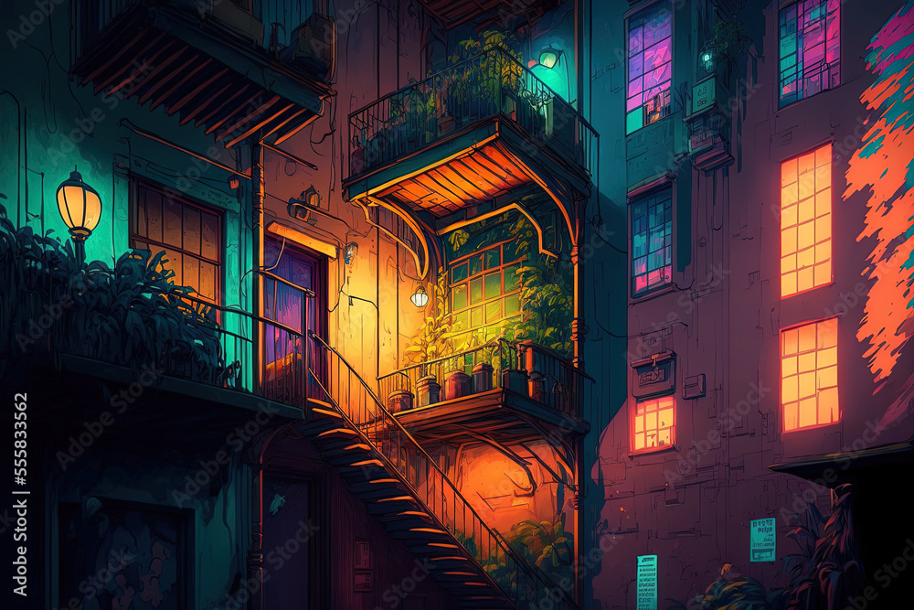 Interior of colorful nighttime city structures. Background fantasy Conceptual art True to life. Background of video games. Digitized painting. CG artwork picture of a scene. Realistic Painting Book