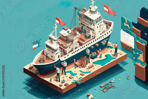 Isometric illustration idea of workers constructing a ship for use in a banner, website, illustration, landing page, flyer, etc. Generative AI