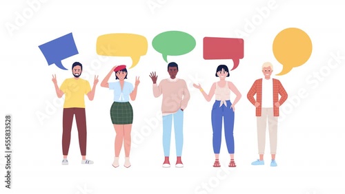 Animated multilanguage characters. Diverse group smiling and greeting. Full body flat people on white background with alpha channel transparency. Colorful cartoon style HD video footage for animation photo