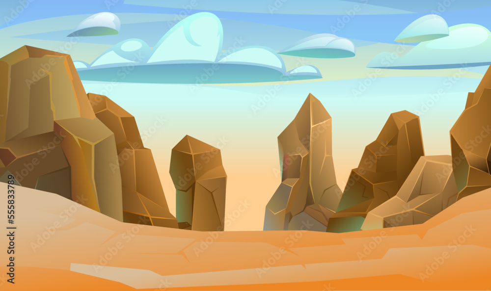 Rocks cliffs stone. Landscape mountainous. Natural land desert. Cartoon style illustration. Vector.