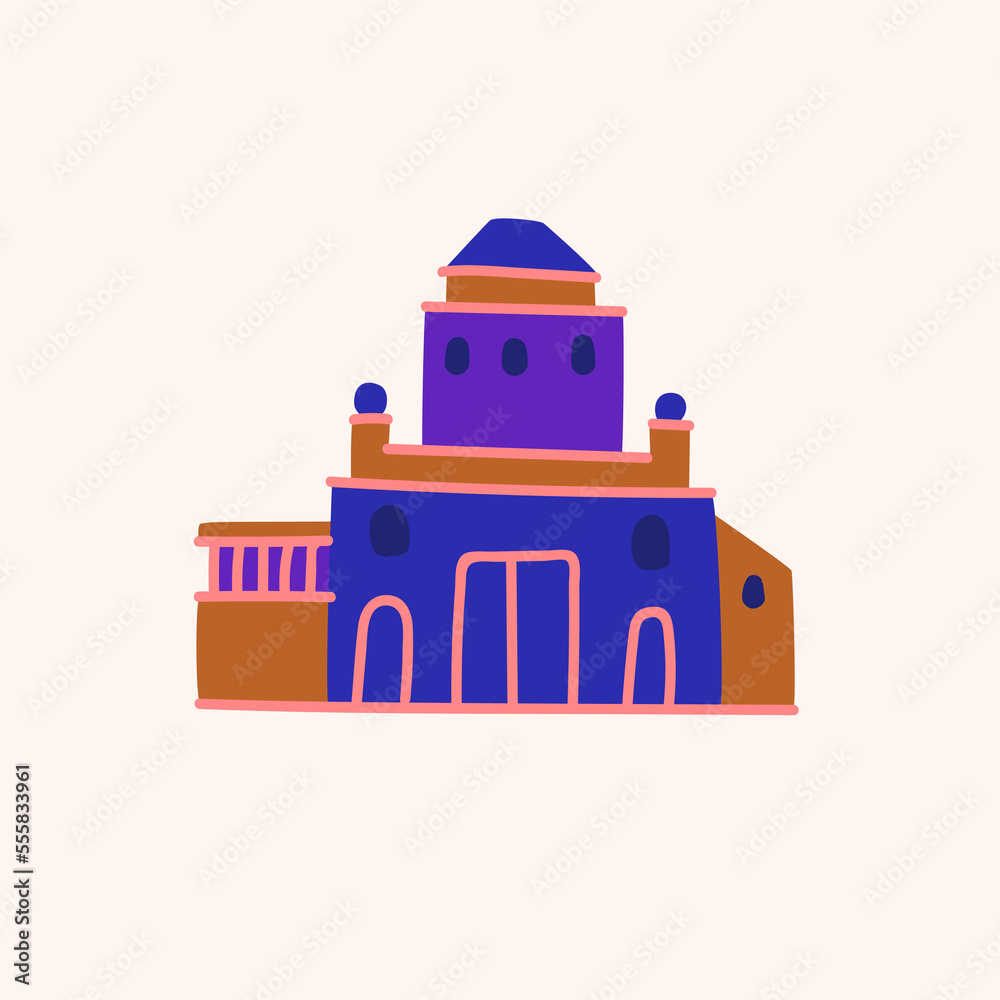 A flat drawing drawn by hand. Illustration of the building. The facade of the building on a light background. A flat drawing drawn by hand. Illustration of the building. The facade of the building on a light background.