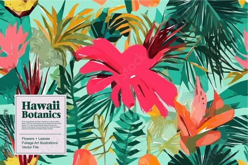 Tropical flowers, jungle leaves. Beautiful vector floral pattern background.