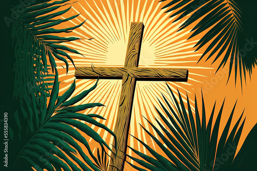 Illustration of a palm Sunday with a cross. Generative AI © 2rogan
