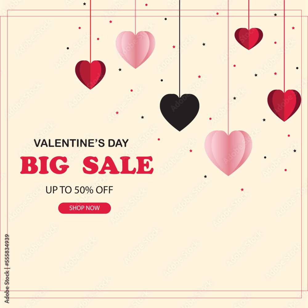 Valentine's Day Sale 50% off Poster or banner with cute gift box and sweet hearts on yellow background.Promotion and shopping template or background for Love and Valentine's day concept.