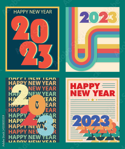 set new year 2023 poster in retro vintage style vector illustrations EPS10