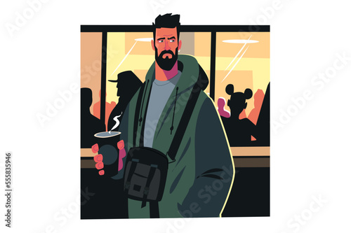 Bearded man holding papercup of coffee in cafe 
