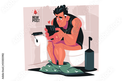 Man sitting in home toilet, using mobile phone