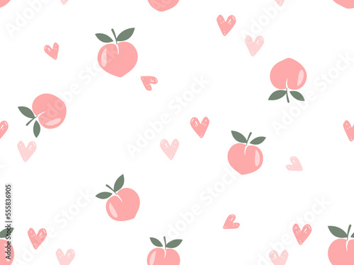seamless pattern with heart shaped peach and daisy flower on pink background vector illustration. Cute fruit print.