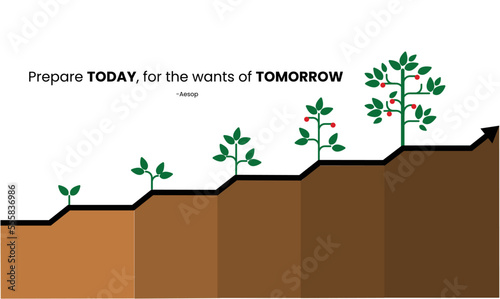 prepare today for the wants of tomorrow. Motivational Quote by famous ancient Greek storyteller Aesop. Vector illustration showing the growth cycle.