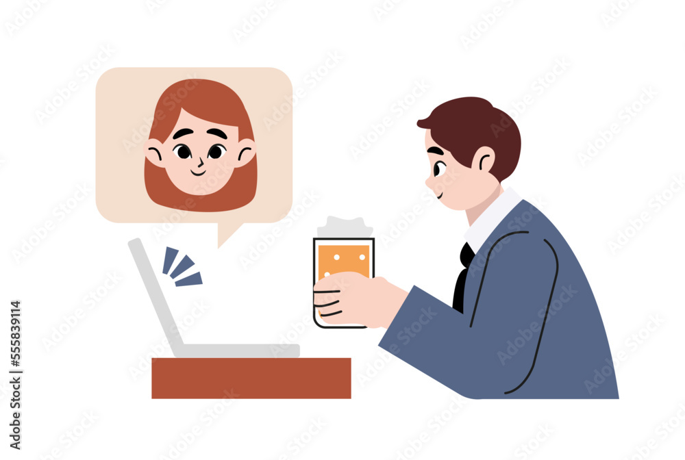 Young happy couple toasting with beer online using laptop. Man talking making online video call use computer isolated Hand drawn style vector design illustrations. Young happy couple toasting with beer online using laptop. Man talking making online video call use computer isolated Hand drawn style vector design illustrations.