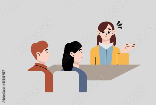Female saleswoman explaining to a young couple [Vector illustration].