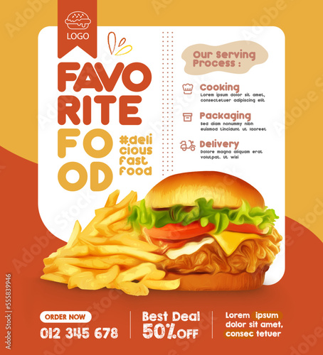 Deluxe king size burger with tasty fries in 3d illustration