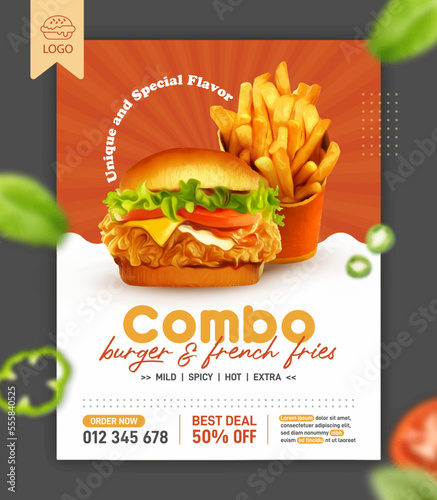Fried chicken burger and fries banner ads design template