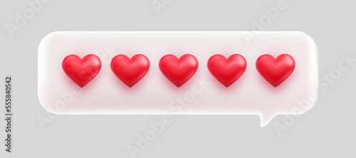 3d bubble rating five love heart for best excellent services rating for satisfaction. 3d 5 love heart for quality customer rating feedback concept from client employee, product review.