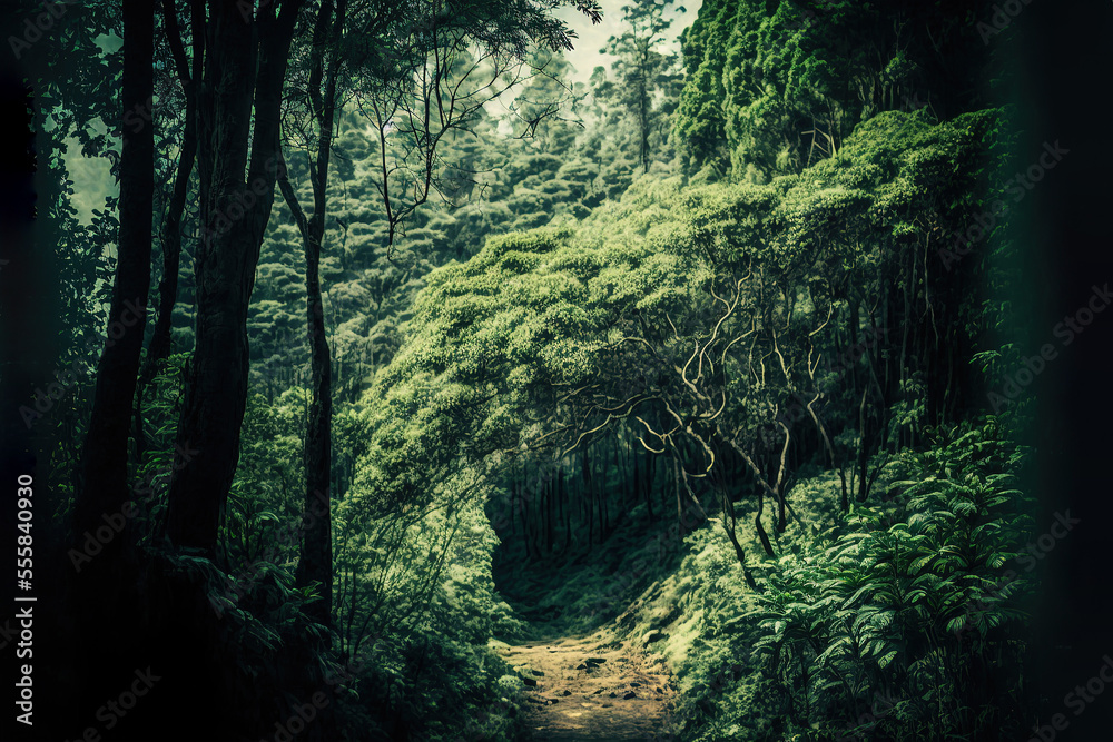 Very dense forest with green trees at Mawlynnong in Meghalaya, India. It is a beautiful village which is notable for cleanliness. Few amount of sunshine are coming through the jungle. Generative AI Very dense forest with green trees at Mawlynnong in Meghalaya, India. It is a beautiful village which is notable for cleanliness. Few amount of sunshine are coming through the jungle. Generative AI