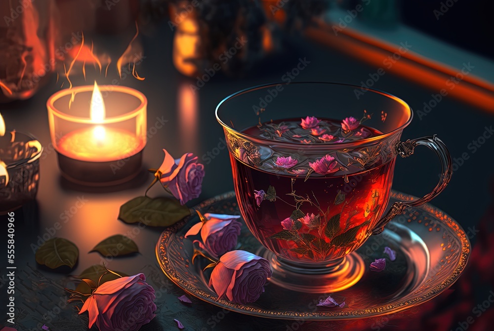 illustration of beautiful herbal tea in transparent glass with ingredients illustration of beautiful herbal tea in transparent glass with ingredients