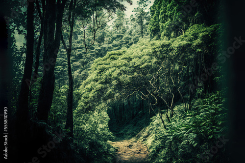 Very dense forest with green trees at Mawlynnong in Meghalaya, India. It is a beautiful village which is notable for cleanliness. Few amount of sunshine are coming through the jungle. Generative AI © Create image