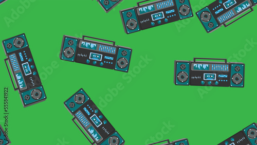 Seamless pattern endless with music audio cassette old retro tape recorders vintage hipster from 70s, 80s, 90s isolated on green background. Vector illustration