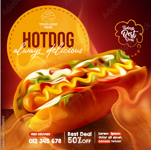 Delicious hot dog with BBQ grill fire, Social media templates for promotions on the Food menu