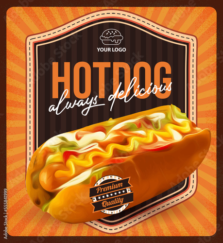 Drawing hot dog delicious fast food poster template