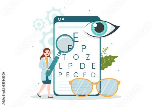 Optometrist with Ophthalmologist Checks Patient Sight, Optical Eye Test and Spectacles Technology in Flat Cartoon Hand Drawn Templates Illustration