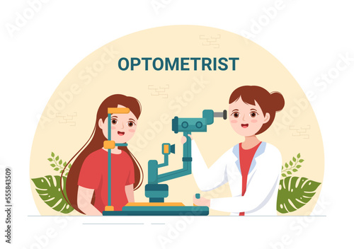 Optometrist with Ophthalmologist Checks Patient Sight, Optical Eye Test and Spectacles Technology in Flat Cartoon Hand Drawn Templates Illustration