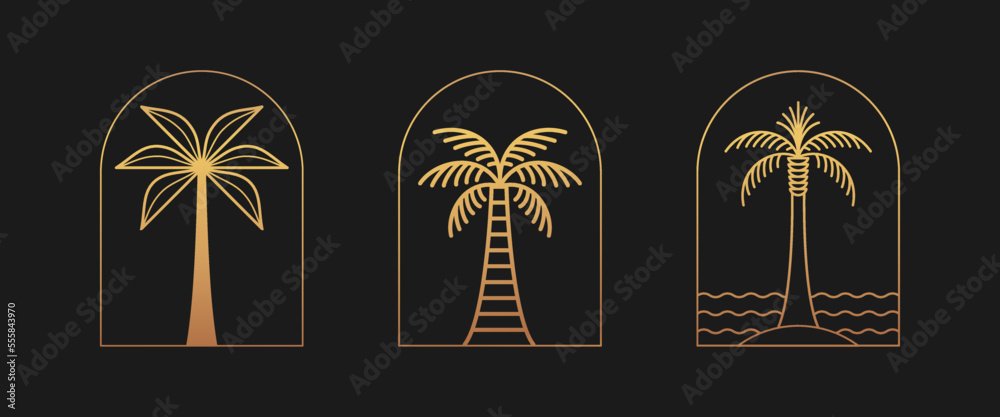 Fototapeta premium Vector logo design template with palm tree - abstract summer and vacation badge and emblem for holiday rentals, travel services, tropical spa and beauty studios
