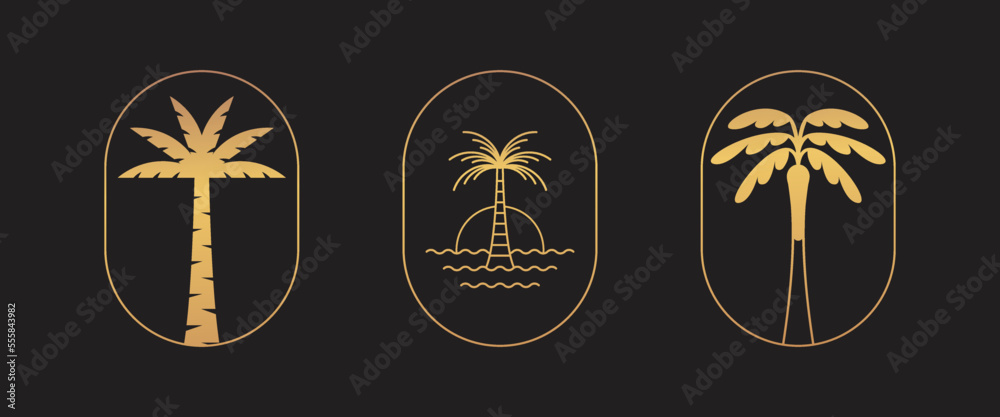 Fototapeta premium Vector logo design template with palm tree - abstract summer and vacation badge and emblem for holiday rentals, travel services, tropical spa and beauty studios