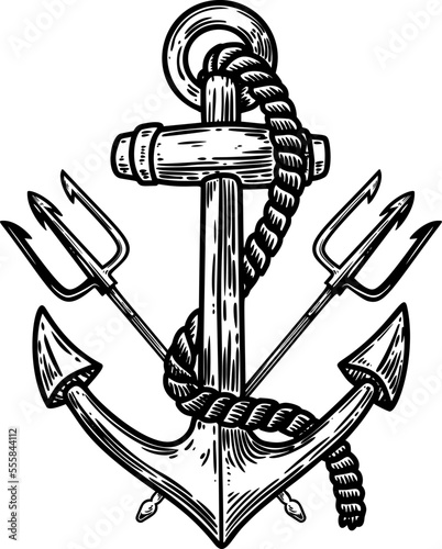 Illustration of sea anchor with crossed tridents. Design element for logo, sign, emblem. Vector illustration
