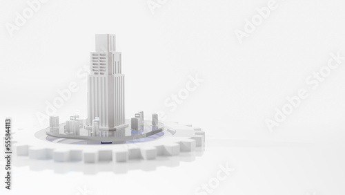 Minimal concept. Building on white cog gear on white background. community drive concept. 3D Render.
