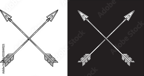 Illustration of crossed ancient arrows. Design element for poster, card, banner, emblem, sign. Vector illustration