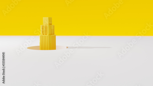 Yellow tower emerges from the hole or tunnel. Space side area for your text and banner design. minimal idea concept  3d render.
