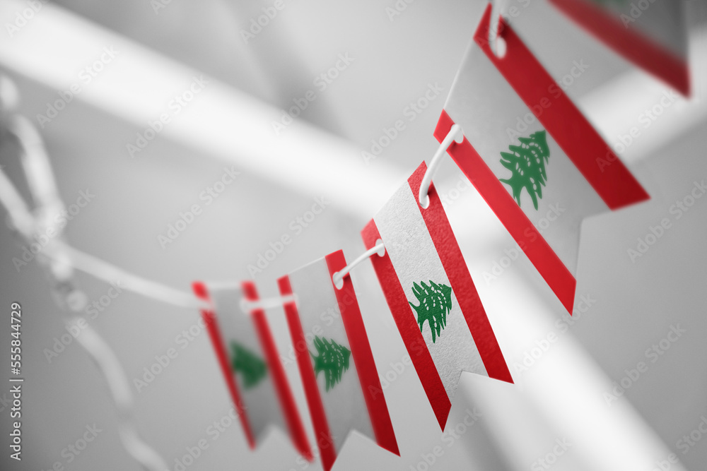 Fototapeta premium A garland of Lebanon national flags on an abstract blurred background