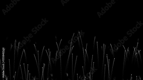 Single fireworks in a row take off. A series of particle shots into the air on dark background. Science concept. Monochrome educational visual picture. 3d render