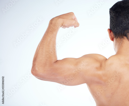 Bodybuilder, muscle and closeup of bicep in studio for gym, fitness or wellness by blue background. Model, growth or development for strong, healthy flex or exercise in workout, training or body goal