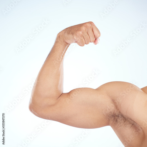 Bodybuilder, bicep muscle and closeup in studio for gym, wellness or fitness by blue background. Model, growth or development for flex, strong or healthy from exercise, workout or training of body