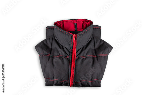 Padded coats inblack color with red zipper r ,down jacket, rain proof winter jacket on white background.Top view
