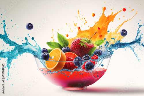 Fresh Fruit Splashing in a Bowl  Fruit Juice Splash Generative AI