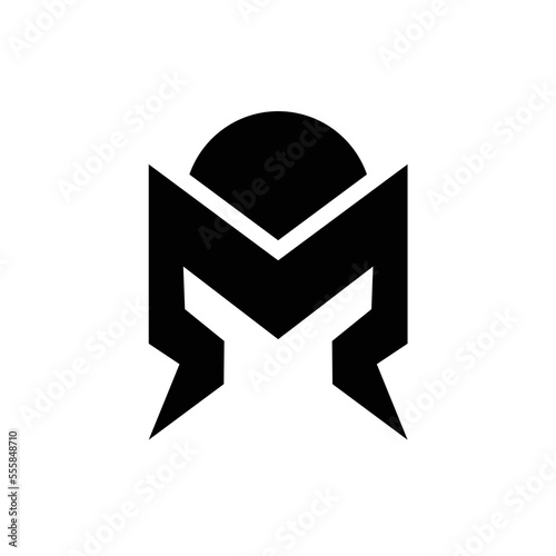 Spartan helmet lightning warrior bold letter m with thunder simple minimalist logo design 