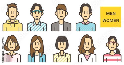 Avatar icon set of cute Japanese men and women in plain clothes [Vector illustration material]