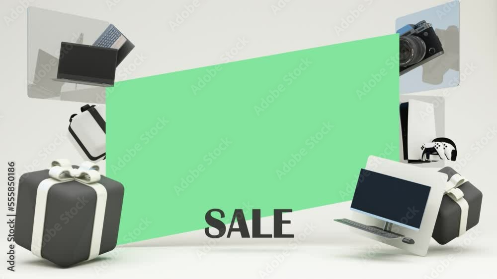 Gadgets and accessories play console with pc and laptop promotion discount with gift box and product stand for online marketing in cartoon style. 3d rendering on pastel background. Gadgets and accessories play console with pc and laptop promotion discount with gift box and product stand for online marketing in cartoon style. 3d rendering on pastel background.